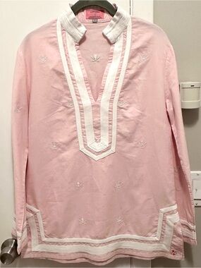 Castaway Nantucket Embroidered Pirate Skull Sword Pink White Cotton Tunic Top S